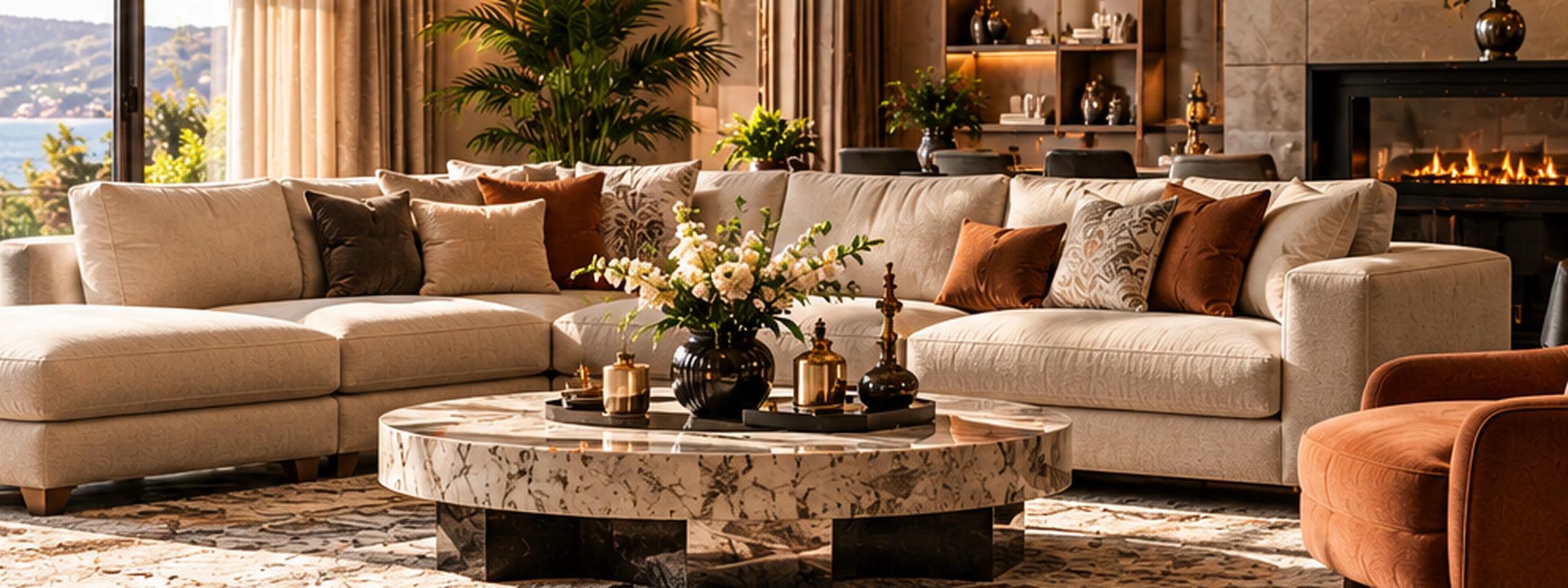 LUXURY HOME krem tonlarında lüks köşe koltuk ve zarif salon dekorasyonu
